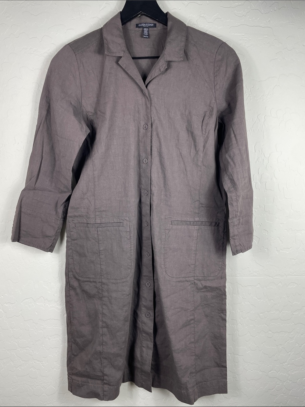 Eileen Fisher Taupe Button-Front Linen Long Coat/Coat Dress